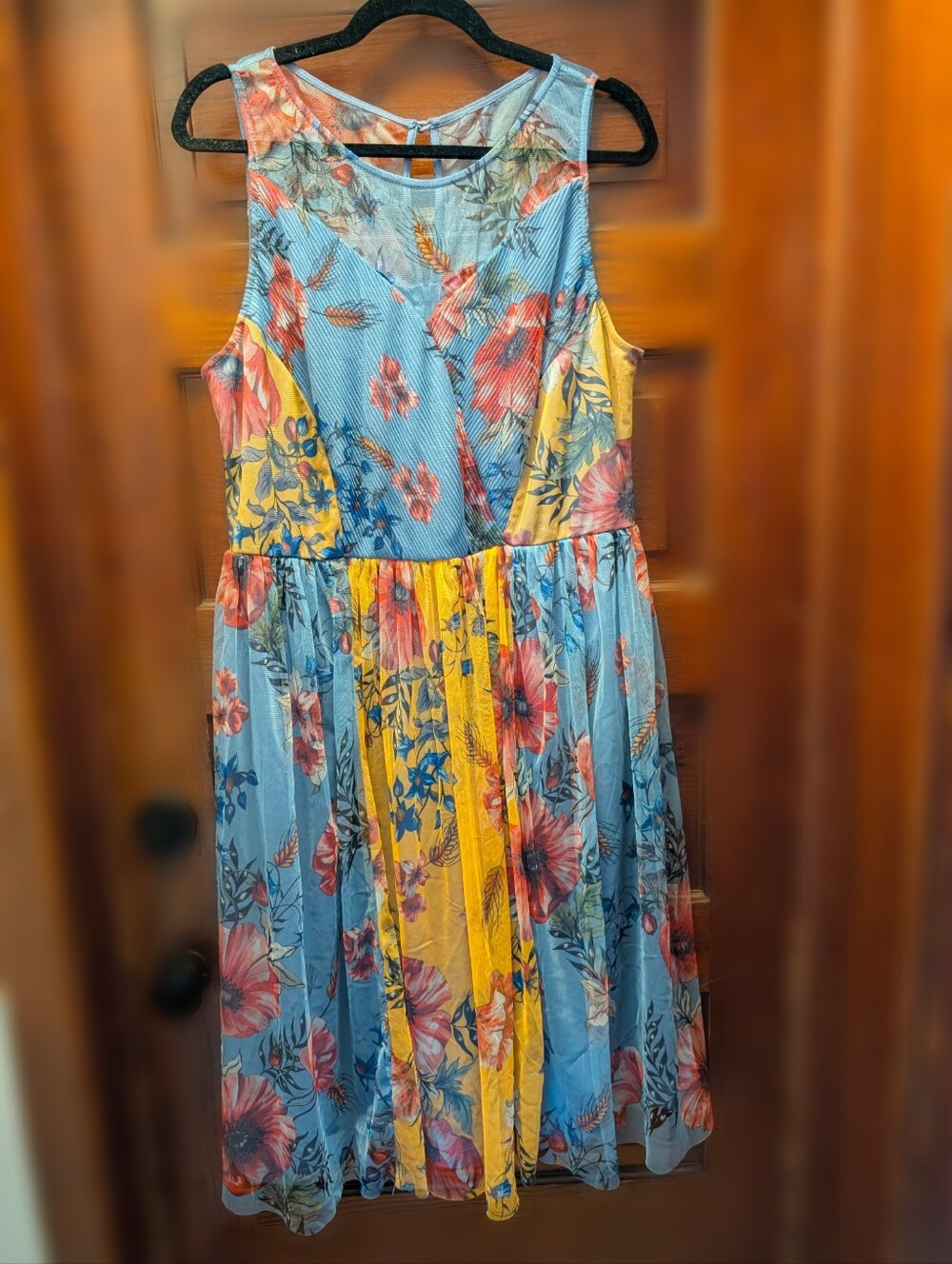 Candalite XL Blue And Yellow Floral Patchwork Mesh Midi Dress Boho Cottagecore